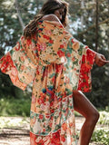CHICDEAR 2023 Bohemian Floral Printed Front Open Summer Women Beach Wear Wrap Dress Chiffon Tunic Sexy Sarongs Robe De Plage Pareo Q751