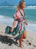 CHICDEAR 2023 Bohemian Printed Short Sleeve Self Belted Side Split Summer Beach Dress Green Cotton Tunic Women Beachwear Maxi Dress Q1089