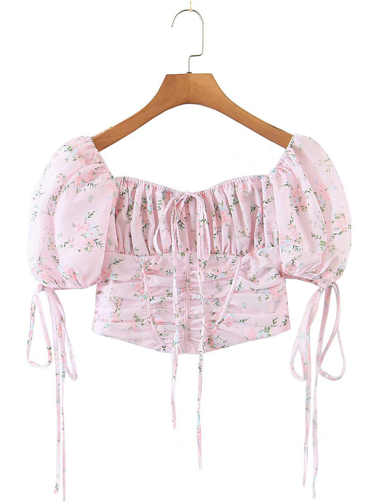 Chicdear Summer Women Pink Shirt Ladies Ruffles Puff Sleeves Back Zipper Print Slim With Belt Vintage Vocation Short Crop Shirt