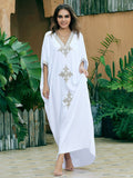 CHICDEAR 2023 Elegant Gold Embroidered Kaftan Retro V-Neck White Dress Plus Size Women Clothes Summer Beach Wear Swim Maxi Dresses Q1373