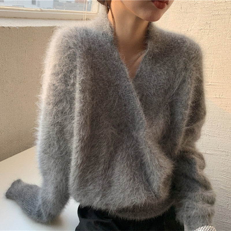 CHICDEAR 2023 Women Spring Knitwear Sweater Jumpers Mohair V-Neck Mink Fur Sweater Pullover Korean Solid Fake Fur Chic Sweater Coat