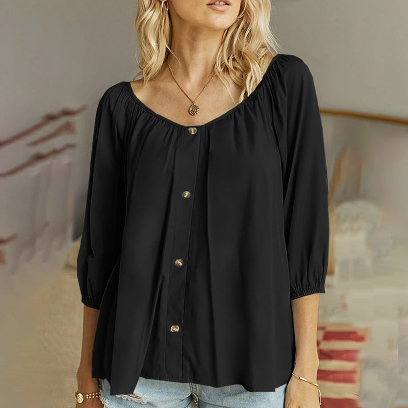 CHICDEAR Casual Loose Round Neck Blouses Women 2023 Autumn 3/4 Sleeve Gathers Tunic Tops Elegant Buttons Leisure Puff Sleeve Blusa