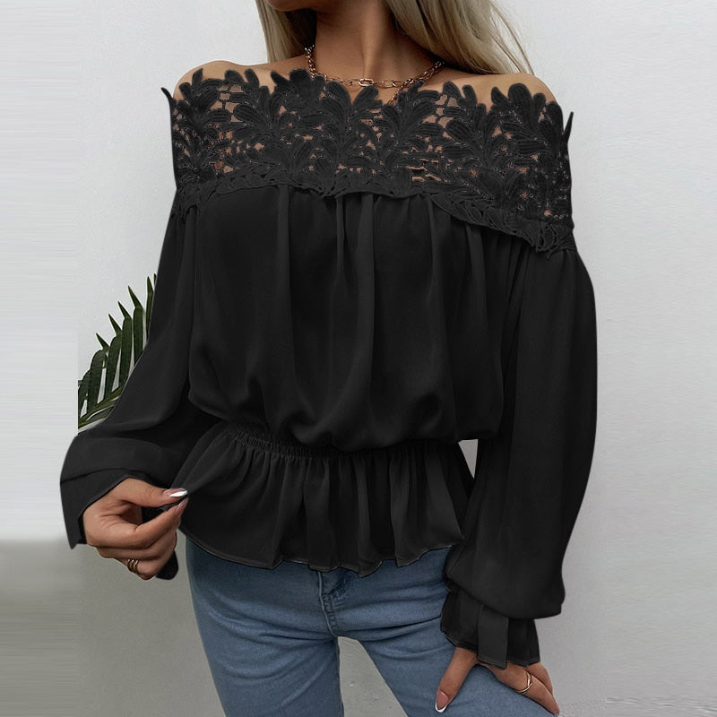 CHICDEAR Women Elegant Tunic Tops Summer Lace Stitching Fashion Sexy Off Shoulder Blouses Waisted Long Sleeve Solid Peplum Shirts