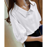 CHICDEAR Pleated Cotton Linen Shirts 2023 Summer Women Tops 3/4 Lantern Sleeve Elegant Shirt All-Match Casual Lapel Collar Blouse