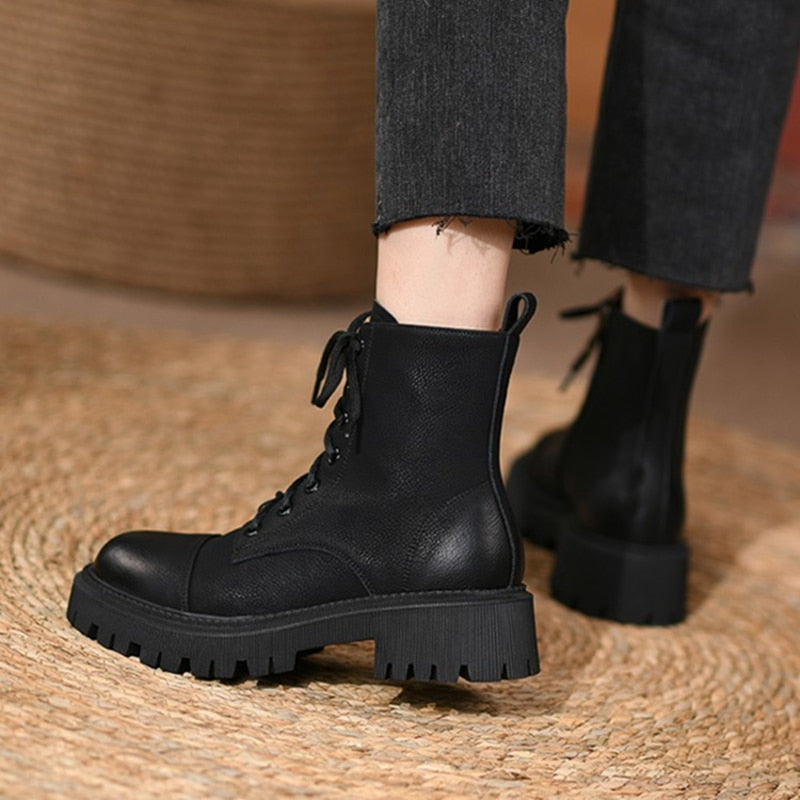 CHICDEAR HOT Fall Shoes Round Toe Thick Heel Women Shoes Winter Women Boots Split Leather Boots Casual Platform Boots Motorcycle Boots