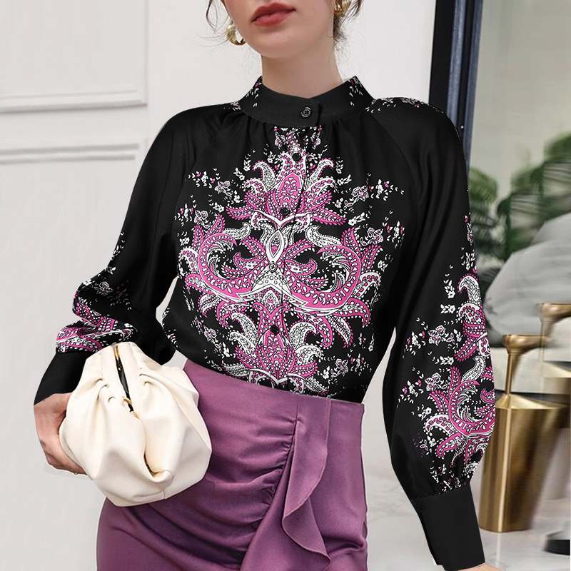 CHICDEAR Women Oversize Tunic Long Puff Sleeve Floral Print Blusas Buttons Stand Collar Shirts Vintage Spring Autumn Casual Blouse