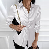 CHICDEAR 2023 Autumn Office Lady Shirts Women Fashion Long Sleeve Buttons Blouses Satin Lapel Elegant Twisted Design Tunic Tops