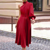 CHICDEAR Elegant Women Party Dress 2023 Fashion High Collar Solid Sexy Off Shoulder Stitching Midi Vestidos Button Party Dresses