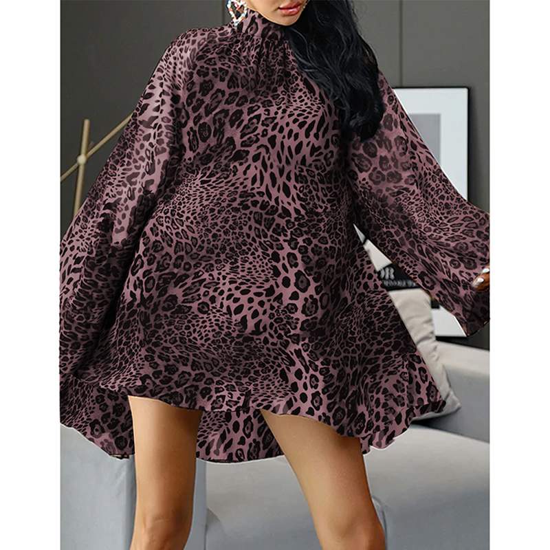CHICDEAR 2023 Fashion Sexy Mini Dresses Party Backless Women Street Sundress Leopard Printed Long Flare Sleeves High Collar Robes