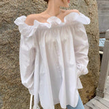 CHICDEAR Women 2023 Fashion Ruffles Blusa Femme Elegant Off Shoulder Hem Slit Long Shirts Oversize Korean Style Casual Blouses