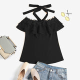 CHICDEAR Fashion Sexy Halter Blouses Short Sleeve Street Back Zipper Women Party Shirts Lace Stitching Ruffles Solid Tunics Tops