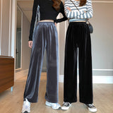 CHICDEAR Loose Elastic Waist Pants Womens 2023 Autumn New Fashion Velour Wide Leg Pants Woman Gray Pockets High Trousers Female