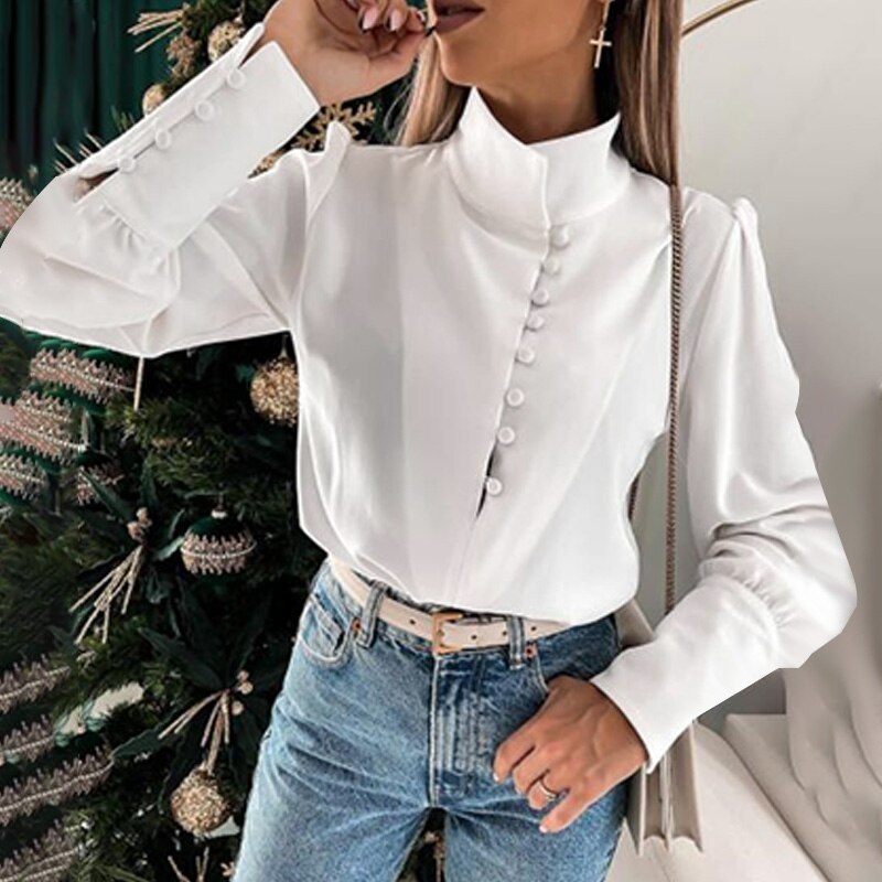 CHICDEAR Office Lady Streetwear Shirts High Collar Spring Summer Long Puff Sleeve 2023 Fashion Blouses Buttons Up Women Casual Top