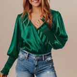 CHICDEAR Women's Blouses 2023 Fashion Tunic Tops Casual Sexy V Neck Slik Satin Shirts Ladies Elegant Long Puff Sleeve Party Blusas