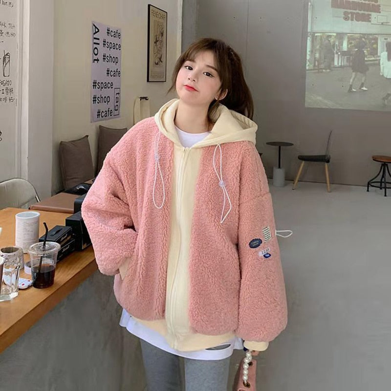 CHICDEAR Pink Zipper Lamb Wool Women Coat Fake Two-Piece Warm Plush Loose Overcoat Female 2023 Winter Thicken Casual Hoodeds Top