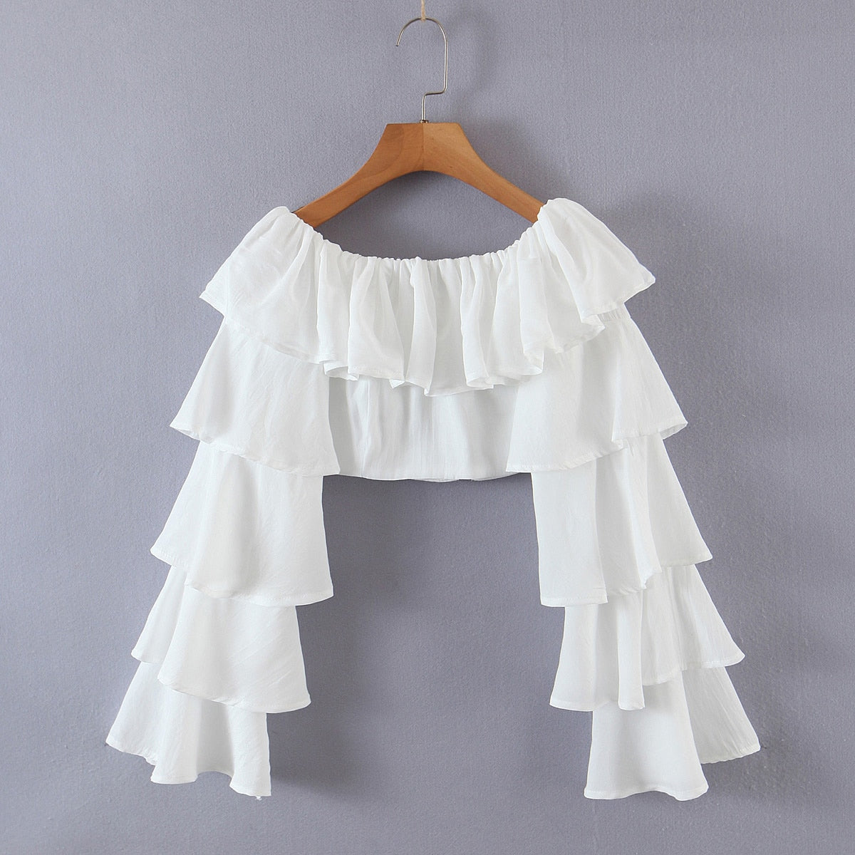 Chicdear Summer Women Cascading Ruffled Long Flare Sleeve Cropped Blouses Ladies Square Collar Casual Slim Fit Shirts Blue White