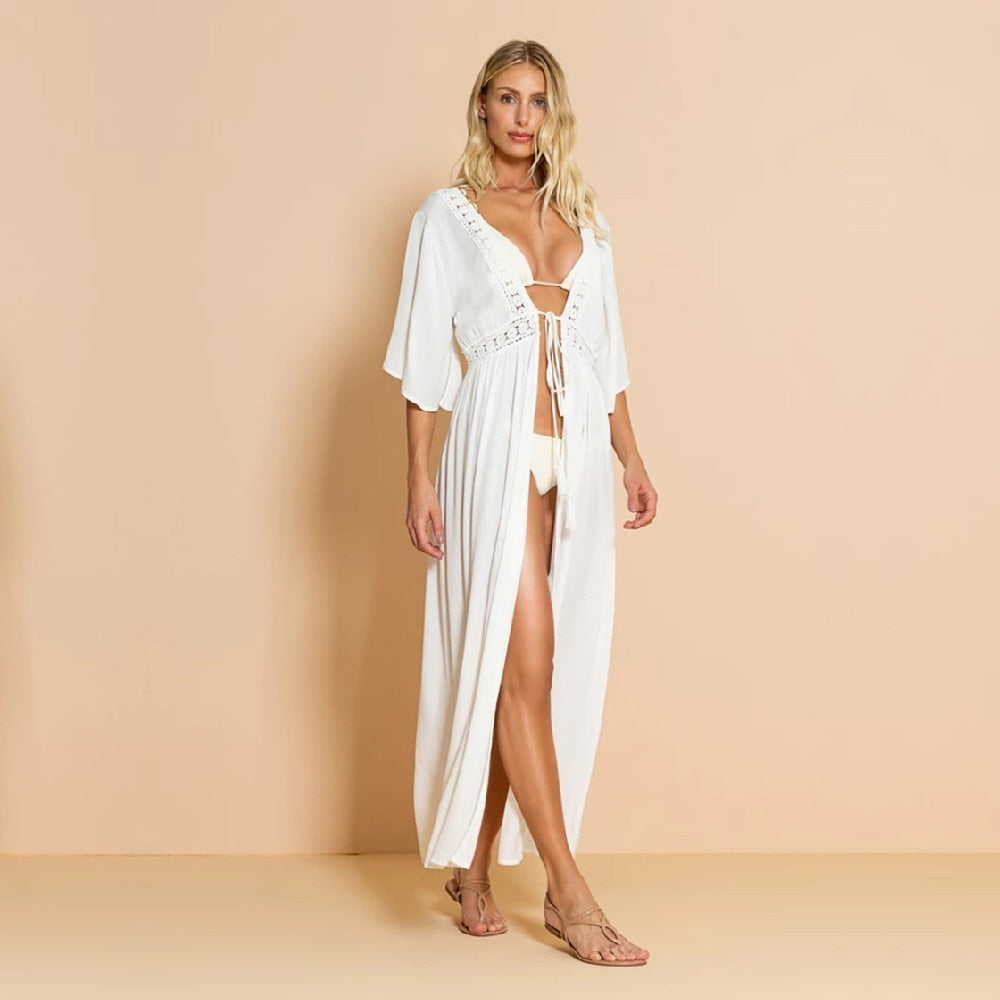 CHICDEAR 2023 Sexy Hollow Out White  Summer Dress Beach Tunic Women Beachwear Long Sleeve Front Open Self Belted Maxi Dresses Q964