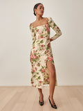 Chicdear Summer Women Midi Dress Slim Floral Print Elastic Backless Sexy Holiday Long Sleeves Party Long Split Dress