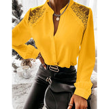 CHICDEAR Women Elegant Splicing Lace Blouse Fashion Long Sleeve White Shirts Button Up See-Through Tops Office Commuting Blusas