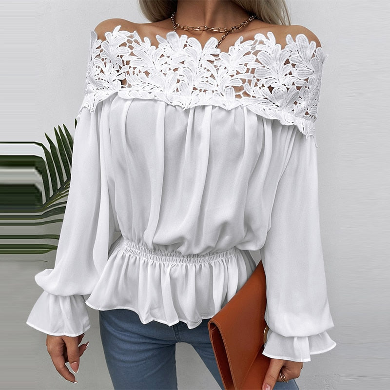 CHICDEAR Women Elegant Tunic Tops Summer Lace Stitching Fashion Sexy Off Shoulder Blouses Waisted Long Sleeve Solid Peplum Shirts