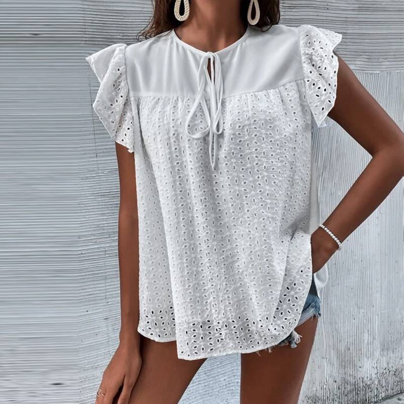 CHICDEAR Hollow Out Lacework Fashion Tunics Tops Elegant 2023 Summer Blouse O Neck Sleeveless Blusas Stitched Ruffle Lace Up Shirt