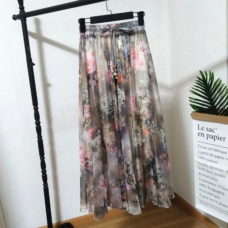 CHICDEAR Elegant Print Floral Long Skirts For Women Korean Style High Waist Chiffon Skirt Casual Holiday Big Hem A-Line Skirts