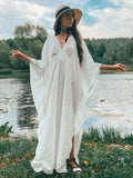 CHICDEAR 2023 Solid V-Neck Batwing Sleeve Plus Size Loose Maxi Dress For Women Summer Beach Wear Kaftan Long Bathing Dresses Q1306