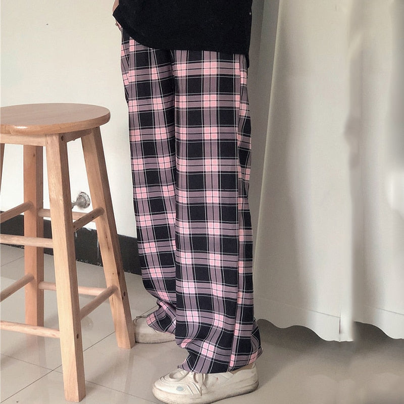 CHICDEAR 2023 Summer Pink Women's Plaid Pants Harajuku Hip Hop Streetwear Wide Leg Pants Women Casual Loose Straight Trousers