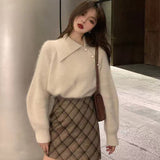 CHICDEAR Spring New Button Diagonal Collar Sweater Women Fashion Solid Knitted Pullovers Woman Chic Casual Long Sleeve Sweaters