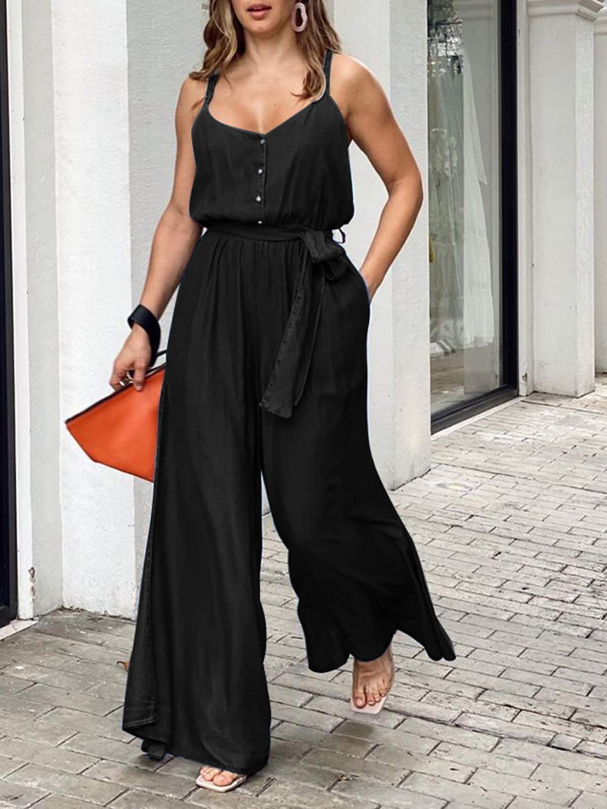 CHICDEAR Elastic Waist Spaghetti Straps Overalls Women Fashion Wide Leg Pants 2023 Summer Long Rompers With Belt Casual Jumpsuits