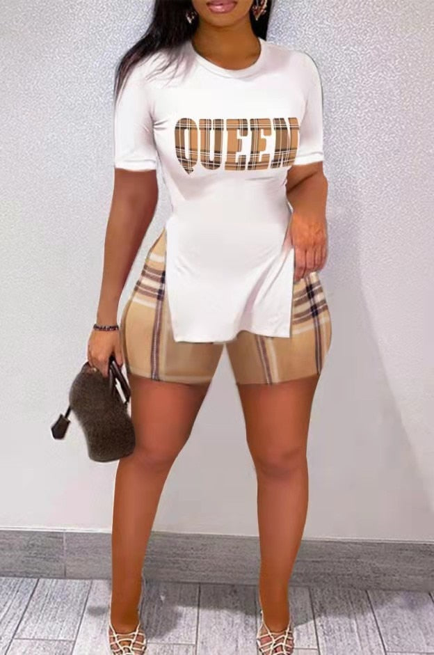 CHICDEAR Summer Women Shorts Suit Sets Short Sleeve Round Neck Plaid Letter Print Split Hem Top And Summer Shorts Set Woman Clothing Set