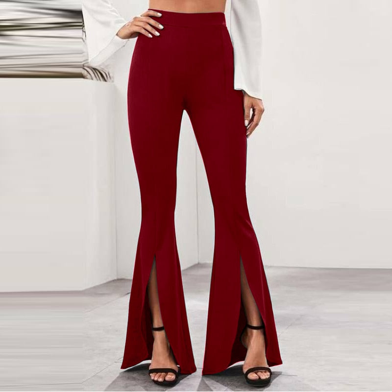 CHICDEAR Women Flared Trousers 2023 Fashion High Waist Bell-Bottoms Elegant Skinny Solid Slit Long Pants Casual Office Streetwear