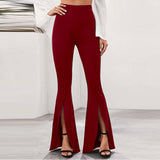 CHICDEAR Women Flared Trousers 2023 Fashion High Waist Bell-Bottoms Elegant Skinny Solid Slit Long Pants Casual Office Streetwear