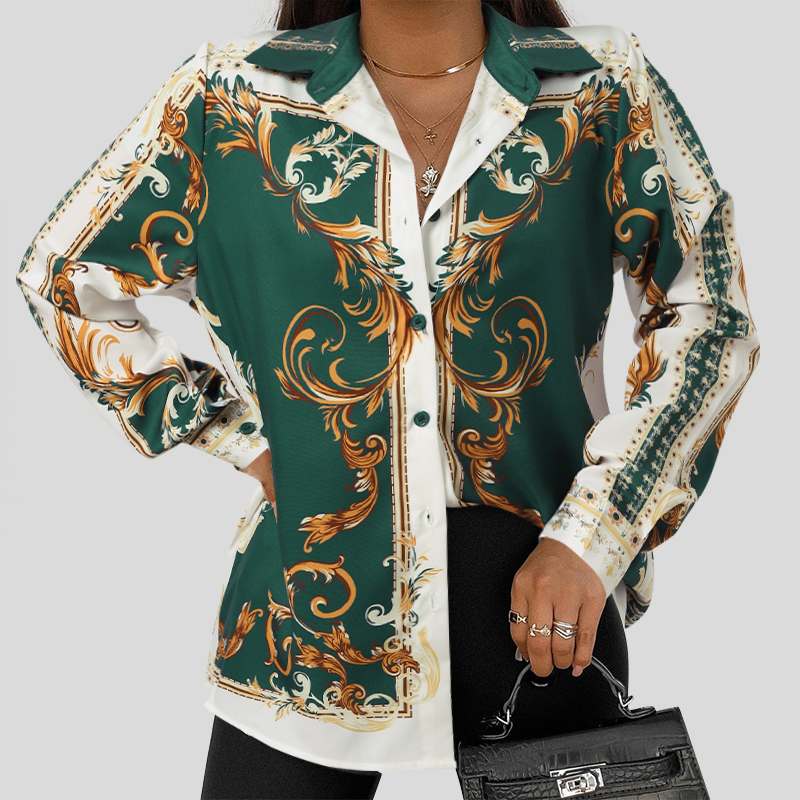CHICDEAR Retro Women Tops 2023 Autumn Button Up Blusa Long Sleeve Vintage Printed Shirt Oversize Fashion Lapel Holiday Blouse