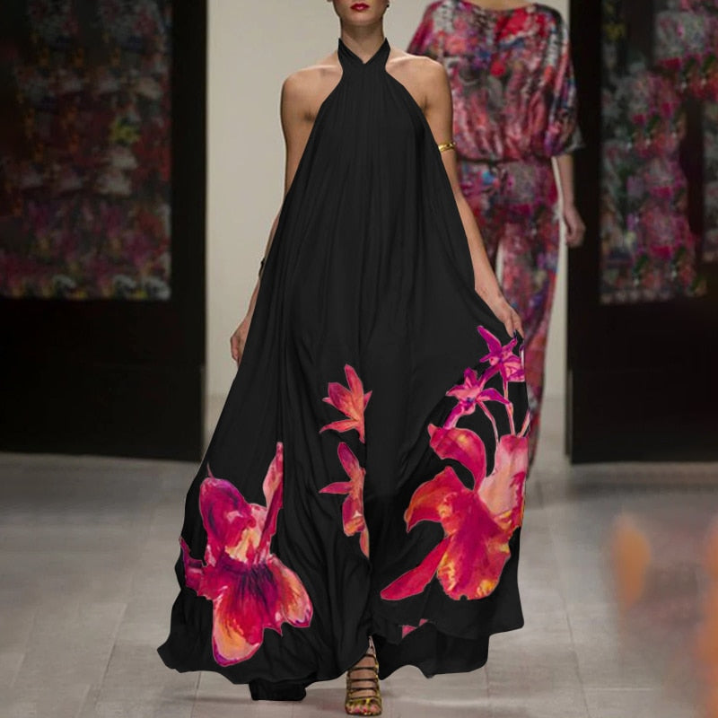 CHICDEAR 2023 Summer Bohemian Halter Thin Dress Women Floral Print Fashion Sundress Sexy Sleeveless Backless Party Maxi Vestido