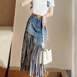 CHICDEAR Summer Irregular Jeans Skirts Women Korean Fashion High Waist Patchwork Tulle Skirt Woman Y2K Pockets Long Denim Skirts