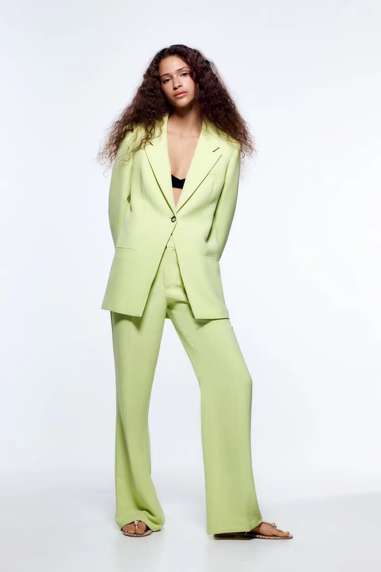 Chicdear Women's Green Leisure Lapel Long Sleeves Blazer Suit Female Loose High Waist Straight Trousers 2 Piece Set