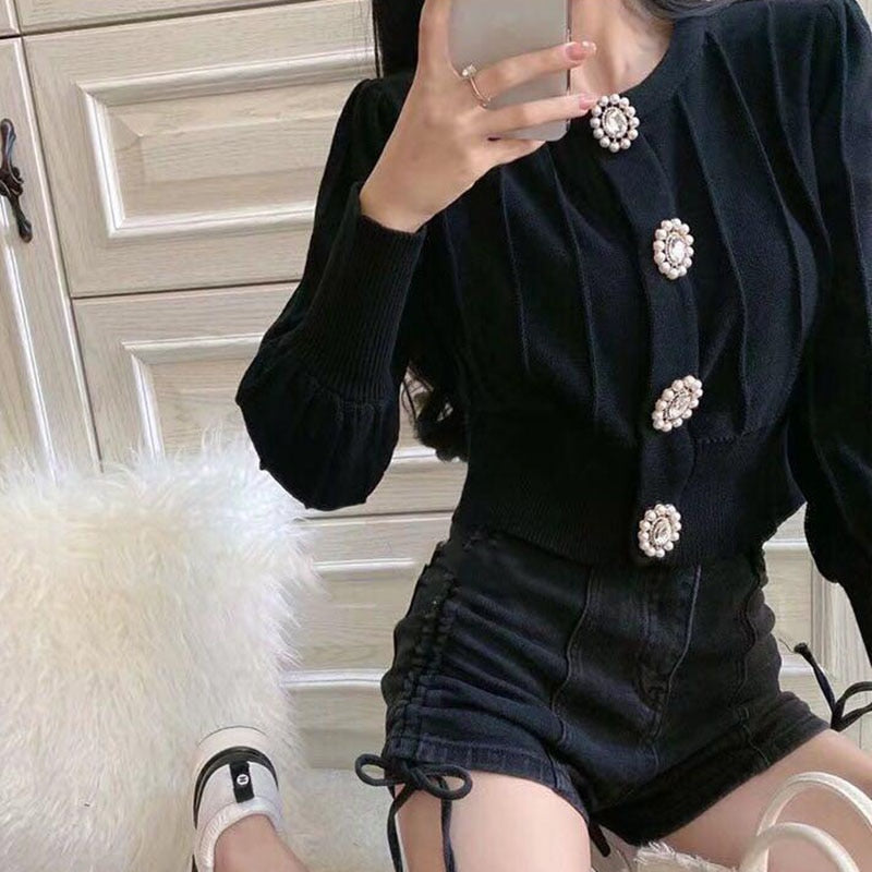 CHICDEAR High Waist Slim Fit Long Sleeve Cardigan Women 2023 Spring New Drill Buckle Sweaters Woman Solid Color Knitted Outwear