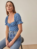 Chicdear Summer Women Blue Polka Dot Print Shirt Retro Elastic Ruched Back Square Collar Short Sleeve Short Blouse Tank Tops