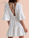 CHICDEAR 2023 Sexy Deep V-Neck V Back Flare Sleeve High Waist Women Summer Beach Wear A Line Mini Dress White Cotton Tunic Sarong Q840