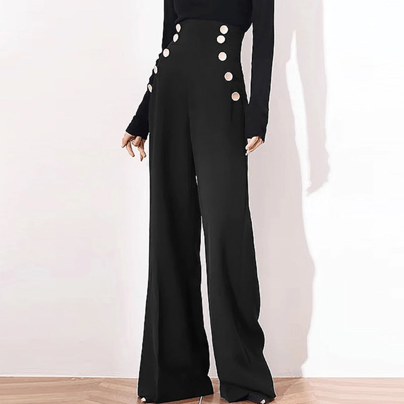CHICDEAR OL High Waist Long Pants Women 2023 Autumn Fashion Buttons Wide Leg Pantalon Elegant Ladies Workwear Black Trousers Femme