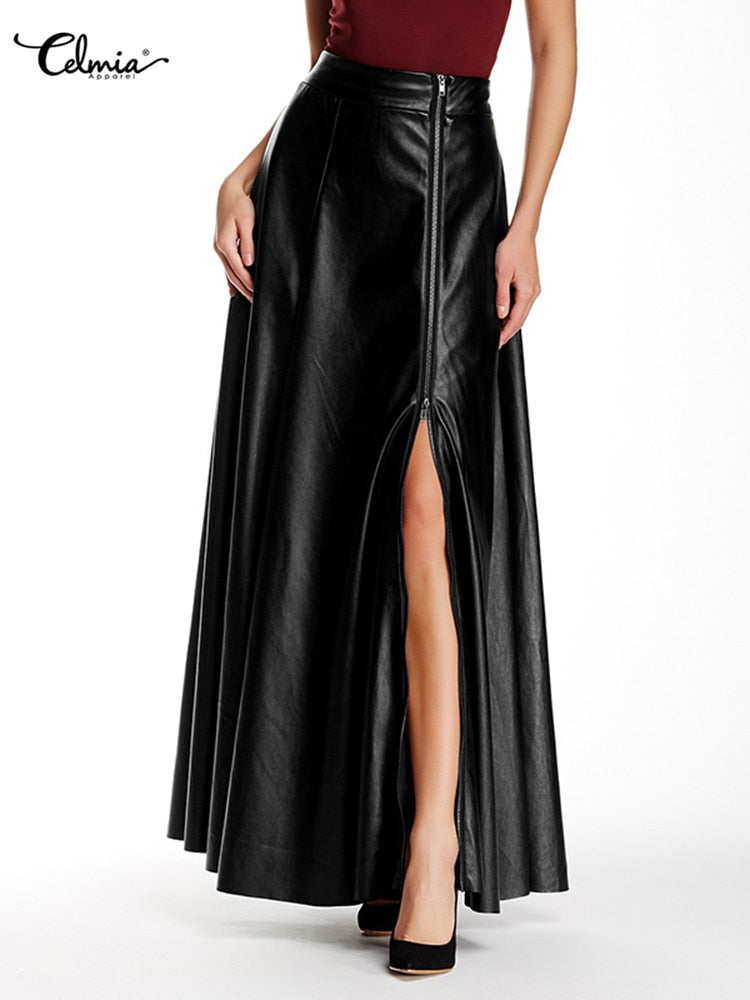 CHICDEAR PU Leather Women Elegant Skirts Fashion High Waist Hem Slit A-Line Maxi Skirts Casual Zipper Streetwear Ladies Long Jupe