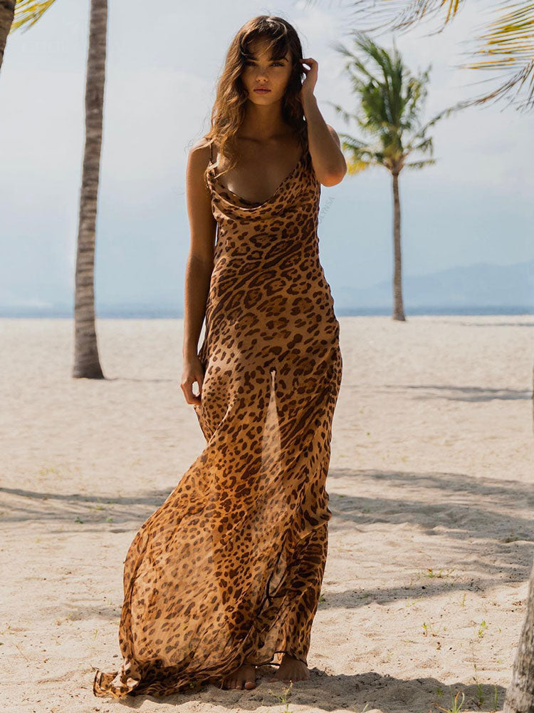 CHICDEAR 2023 Sexy Spaghetti Strap Leopard Long Sundress Maxi Dress Summer Clothing For Women Club Party Dresses Evening Beach Wear A1224