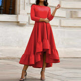 CHICDEAR Elegant O Neck Ruffled Dresses Women Asymmetrical 3/4 Sleeves Party Midi Vestidos 2023 Autumn Slim Waisted Robes Mujer