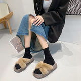 CHICDEAR Women Flip Flops Winter Fur Warm Slippers 2023 New Casual Short Plush Home Cotton Shoes Flats Platform Slingback Mules Boots