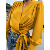 CHICDEAR Women Casual Lantern Sleeve Blouses 2023 Fashion V Neck Short Wrap Shirts Elegant Bandage Pleated Street Tops Femininas