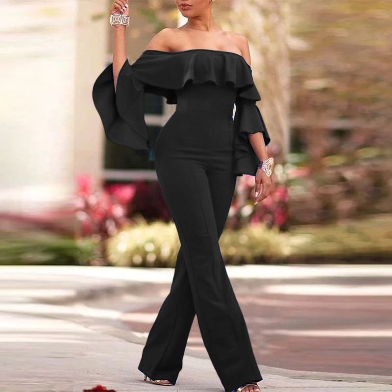 CHICDEAR Sexy Off Shoulder Jumpsuits Fashion Ruffled Sleeve Long Rompers Women 2023 Elegant Skinny Playsuits Long Pant Overalls