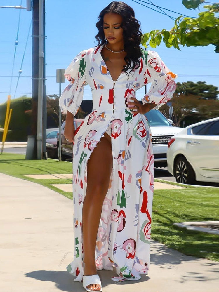 CHICDEAR Elegant Print Dress Pile Up Sleeves Front Open Self Belted 2023 Summer Tunic Women Plus Size Casual Lady Beach Maxi Dress A1079