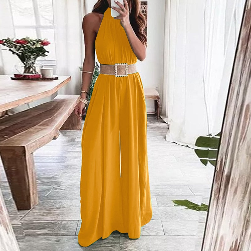 CHICDEAR Summer Sleeveless Long Rompers 2023 Fashion Sexy O-Neck Gathers Waisted Jumpsuits Back Zipper Women Wide Leg Pant Overall