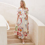 CHICDEAR Elegant Print Dress Pile Up Sleeves Front Open Self Belted 2023 Summer Tunic Women Plus Size Casual Lady Beach Maxi Dress A1079